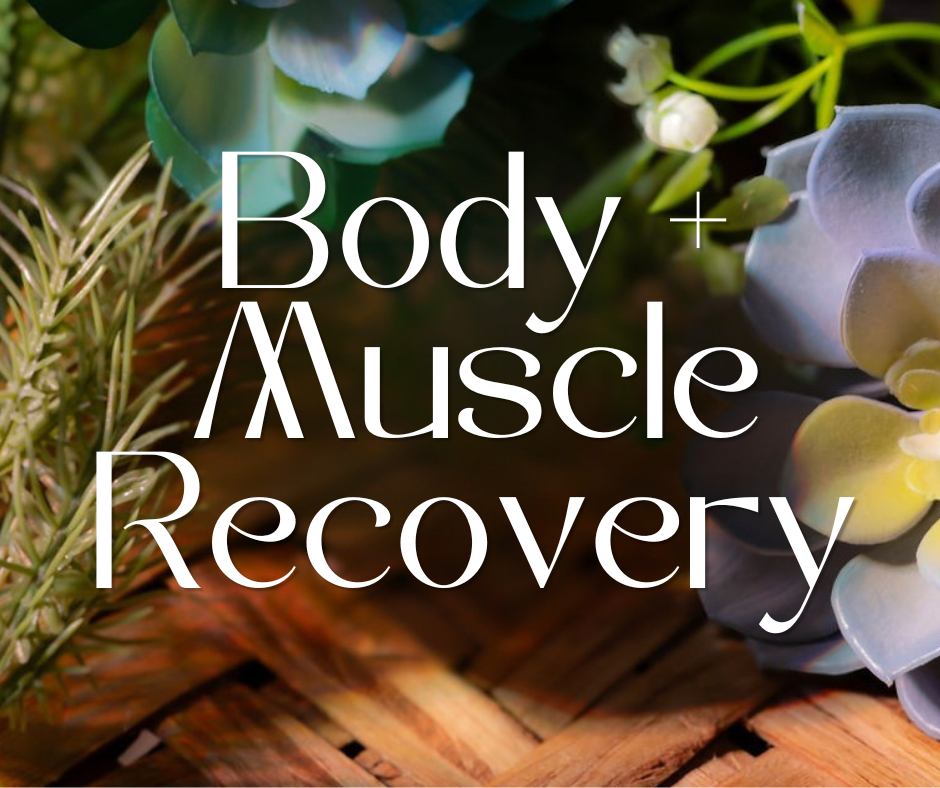 body + muslce recovery picture with succulents and a brown woven background