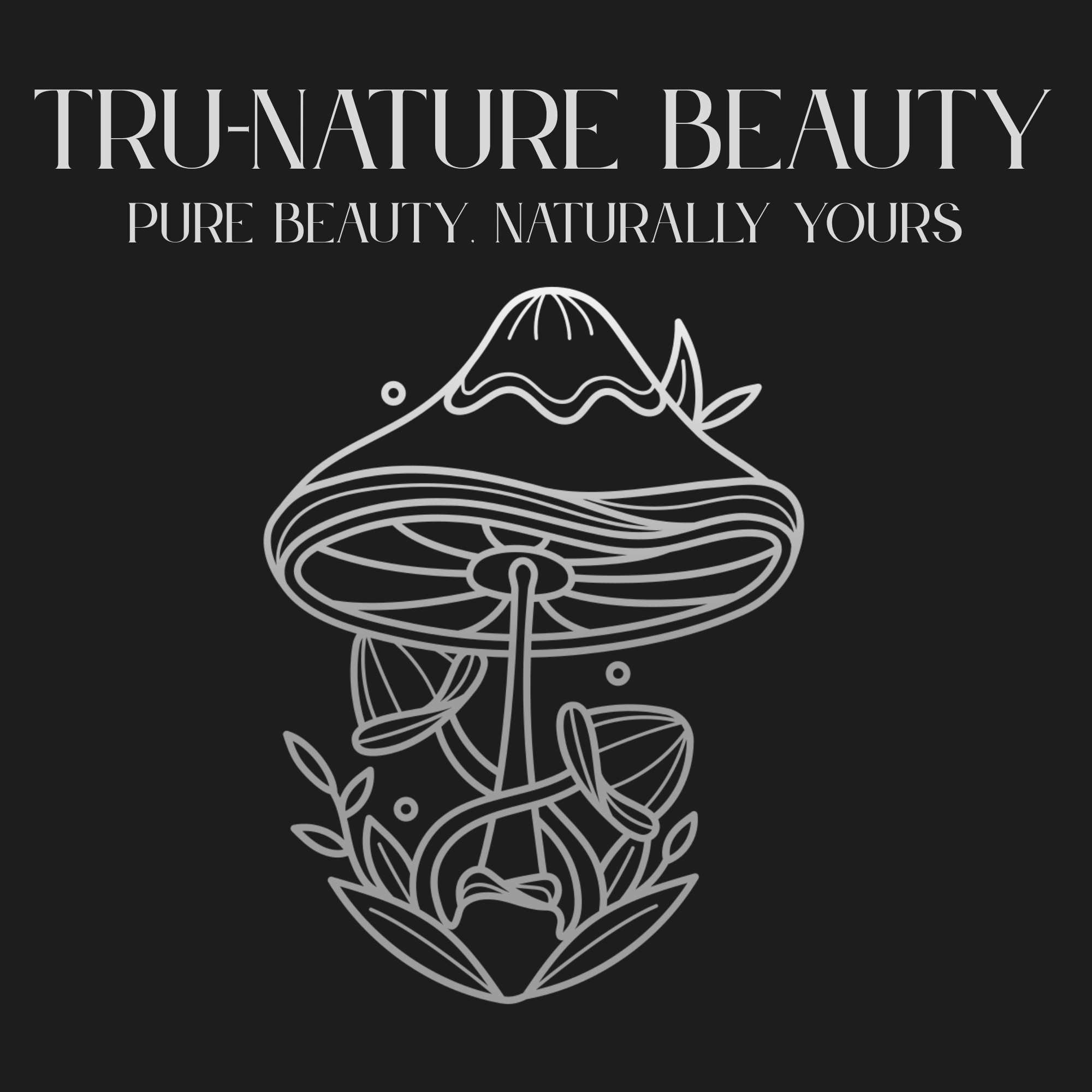 Tru-Nature Beauty logo with mushroom design on a black background
