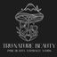 Logo of Tru-Nature Beauty with a mushroom design on a black background