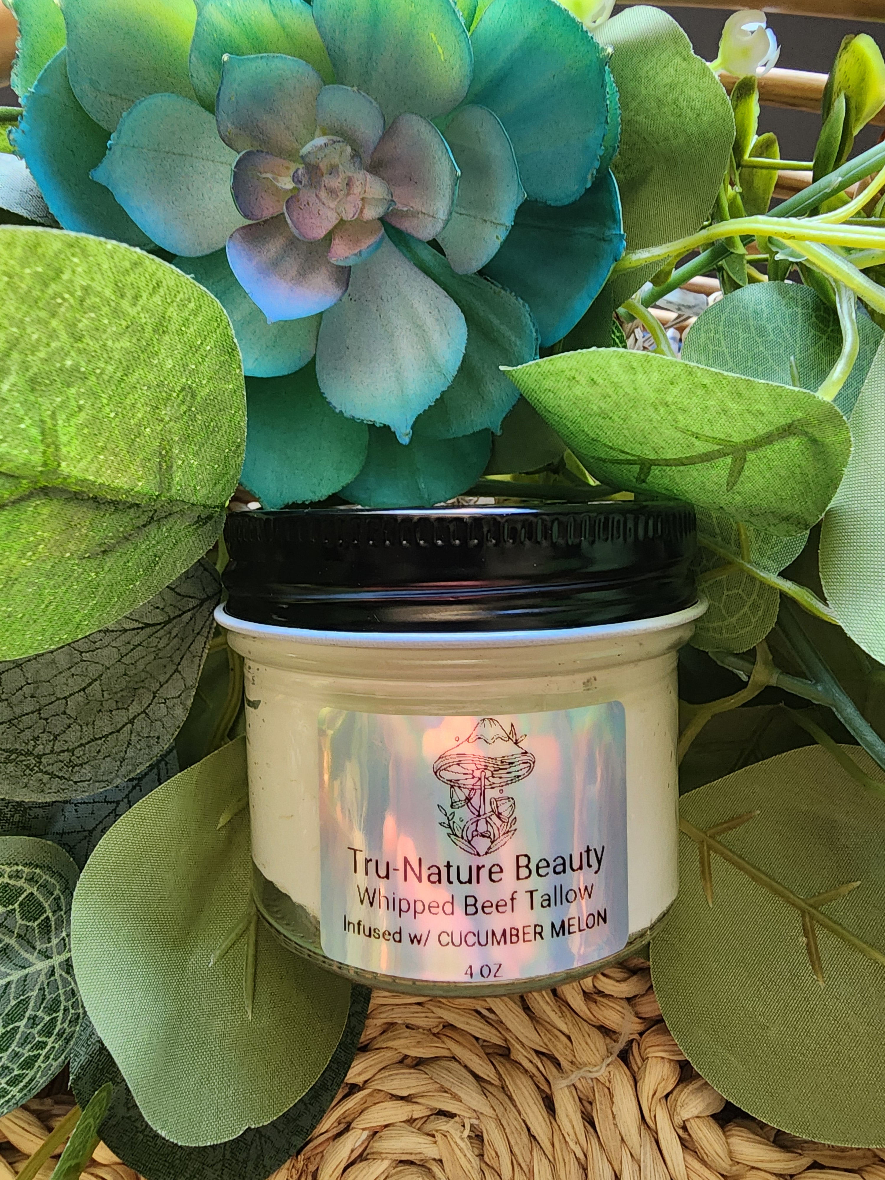 Jar of Tru-Nature Beauty whipped beef tallow with cucumber melon scent product with succulent plants in the background