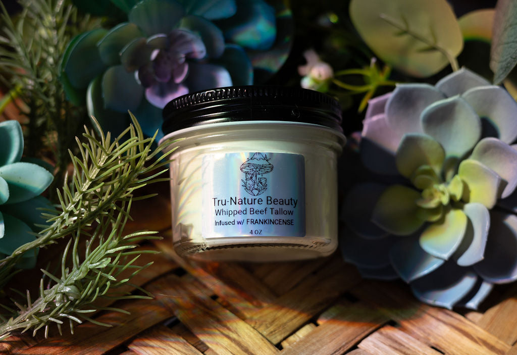 Jar of Tru Nature Beauty whipped beef tallow with succulents in the background