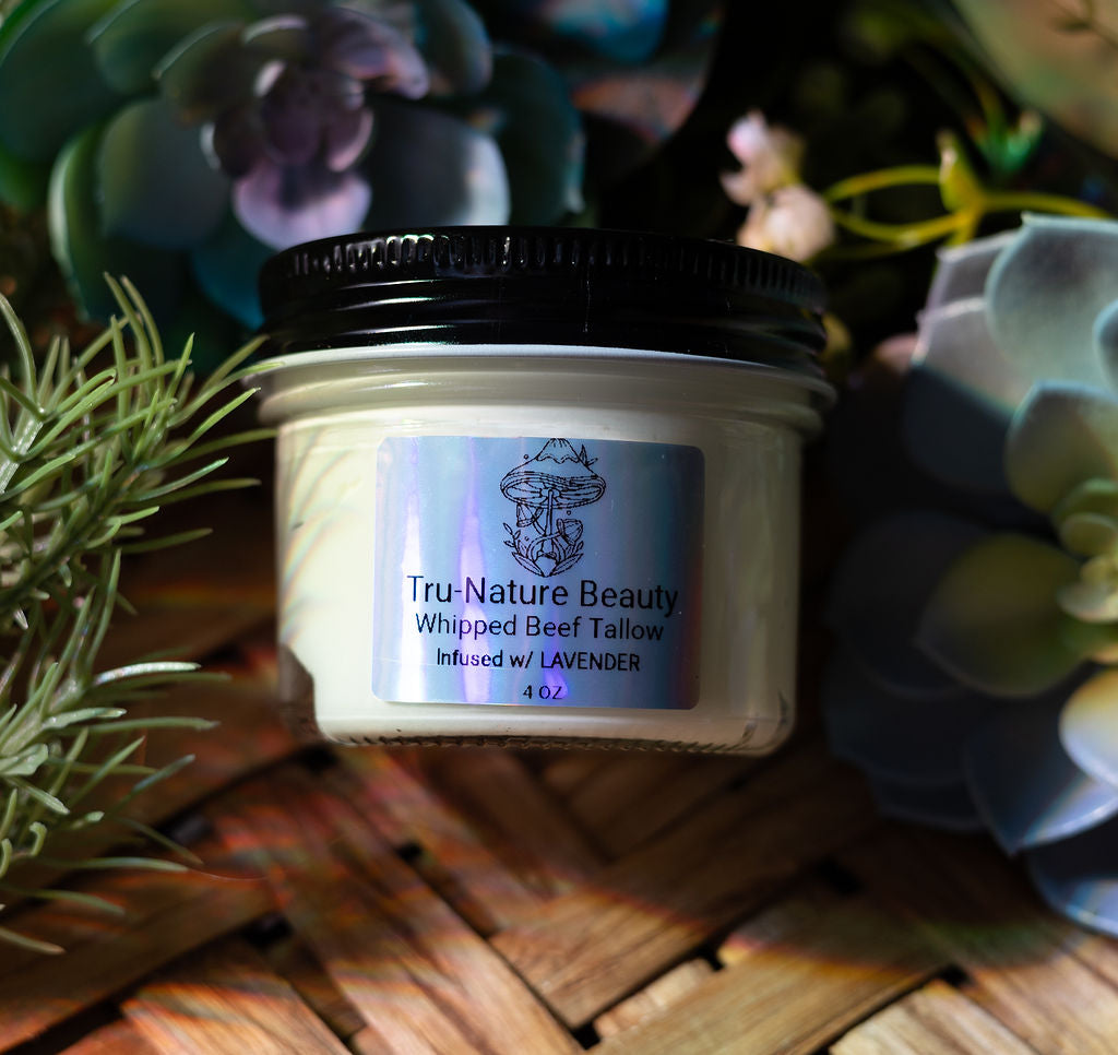 body and face lotion in a glass jar made from whipped beef tallow infused with lavender essential oil. 